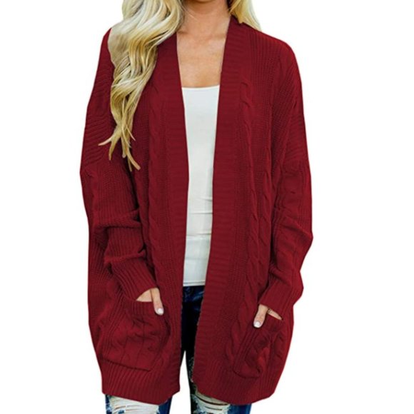 Fondo Sweaters - NWT Cranberry Red Cable Knit Pocket Open Cardigan